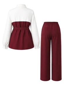 Momance Maternity 2 Pieces Set Elegant Commute Long Sleeve Shirt Collar Contrast Color Patchwork A-Line Hem Waist Belt Front Bowknot Design Top Waist Elastic Adjustable Front Slit Wide Leg Pants Burgundy - Burgundy - View 2