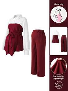 Momance Maternity 2 Pieces Set Elegant Commute Long Sleeve Shirt Collar Contrast Color Patchwork A-Line Hem Waist Belt Front Bowknot Design Top Waist Elastic Adjustable Front Slit Wide Leg Pants Burgundy - Burgundy - View 8