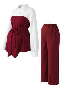 Momance Maternity 2 Pieces Set Elegant Commute Long Sleeve Shirt Collar Contrast Color Patchwork A-Line Hem Waist Belt Front Bowknot Design Top Waist Elastic Adjustable Front Slit Wide Leg Pants Burgundy - Burgundy - View 7