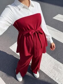 Momance Maternity 2 Pieces Set Elegant Commute Long Sleeve Shirt Collar Contrast Color Patchwork A-Line Hem Waist Belt Front Bowknot Design Top Waist Elastic Adjustable Front Slit Wide Leg Pants Burgundy - Burgundy - View 10
