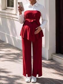 Momance Maternity 2 Pieces Set Elegant Commute Long Sleeve Shirt Collar Contrast Color Patchwork A-Line Hem Waist Belt Front Bowknot Design Top Waist Elastic Adjustable Front Slit Wide Leg Pants Burgundy - Burgundy - View 1