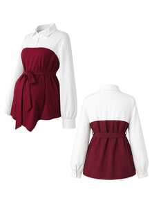 Momance Maternity 2 Pieces Set Elegant Commute Long Sleeve Shirt Collar Contrast Color Patchwork A-Line Hem Waist Belt Front Bowknot Design Top Waist Elastic Adjustable Front Slit Wide Leg Pants Burgundy - Burgundy - View 3