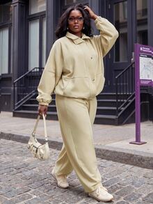 Slaydiva Plus Size 2 Pieces Outfits, Light Yellow Stand Collar Shirt & Wide Leg Pants Set - Yellow - View 5