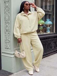 Slaydiva Plus Size 2 Pieces Outfits, Light Yellow Stand Collar Shirt & Wide Leg Pants Set - Yellow - View 4