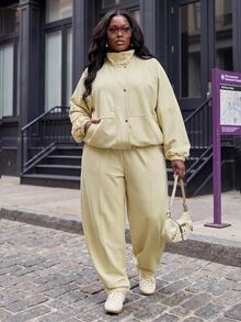 Slaydiva Plus Size 2 Pieces Outfits, Light Yellow Stand Collar Shirt & Wide Leg Pants Set - Yellow - View 2