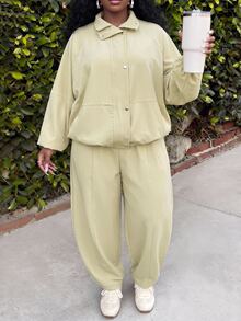 Slaydiva Plus Size 2 Pieces Outfits, Light Yellow Stand Collar Shirt & Wide Leg Pants Set - Yellow - View 6