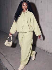Slaydiva Plus Size 2 Pieces Outfits, Light Yellow Stand Collar Shirt & Wide Leg Pants Set - Yellow - View 7