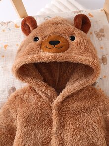 Newborn Khaki Plush Teddy Bear Design Autumn  Long Sleeve Footed Romper With Front Buttons - Khaki - View 7