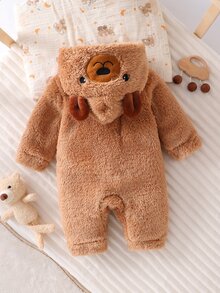 Newborn Khaki Plush Teddy Bear Design Autumn  Long Sleeve Footed Romper With Front Buttons - Khaki - View 2