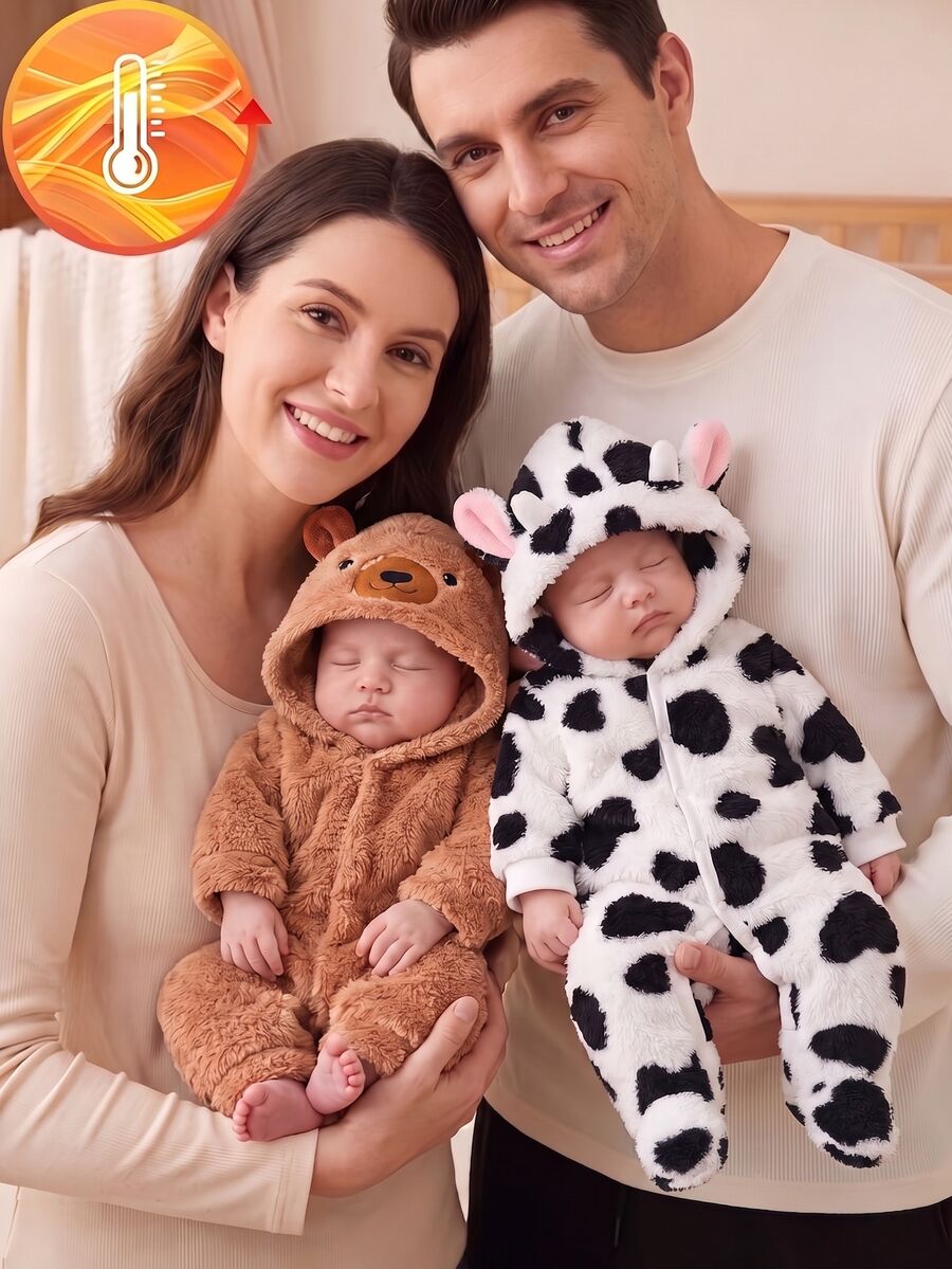 Newborn Khaki Plush Teddy Bear Design Autumn Long Sleeve Footed Romper With Front Buttons - Khaki - View 1