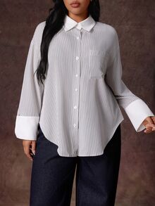 Rustia Plus Size Women's Striped Single-Breasted Casual Versatile Daily Wear Shirt Fall - Multicolor - View 1