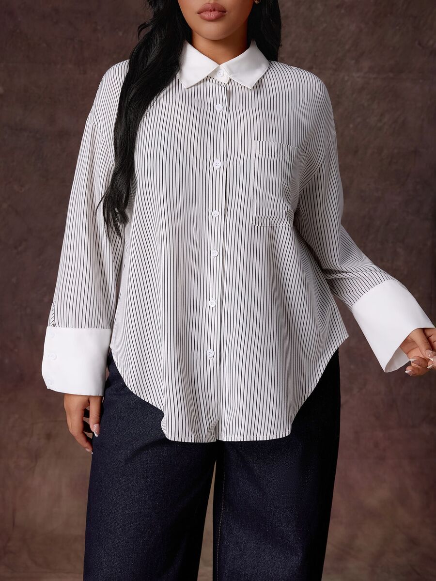 Rustia Plus Size Women's Striped Single-Breasted Casual Versatile Daily Wear Shirt Fall - Multicolor - View 1