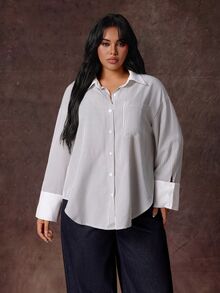 Rustia Plus Size Women's Striped Single-Breasted Casual Versatile Daily Wear Shirt Fall - Multicolor - View 4