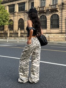 SHEIN Tall 高個女款時尚斑馬紋水洗牛仔褲，適合外出、夜晚聚會、休閒街頭風，米白色夏季穿搭 - 彩色 - 查看 2