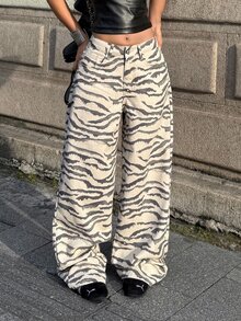 SHEIN Tall 高個女款時尚斑馬紋水洗牛仔褲，適合外出、夜晚聚會、休閒街頭風，米白色夏季穿搭 - 彩色 - 查看 3