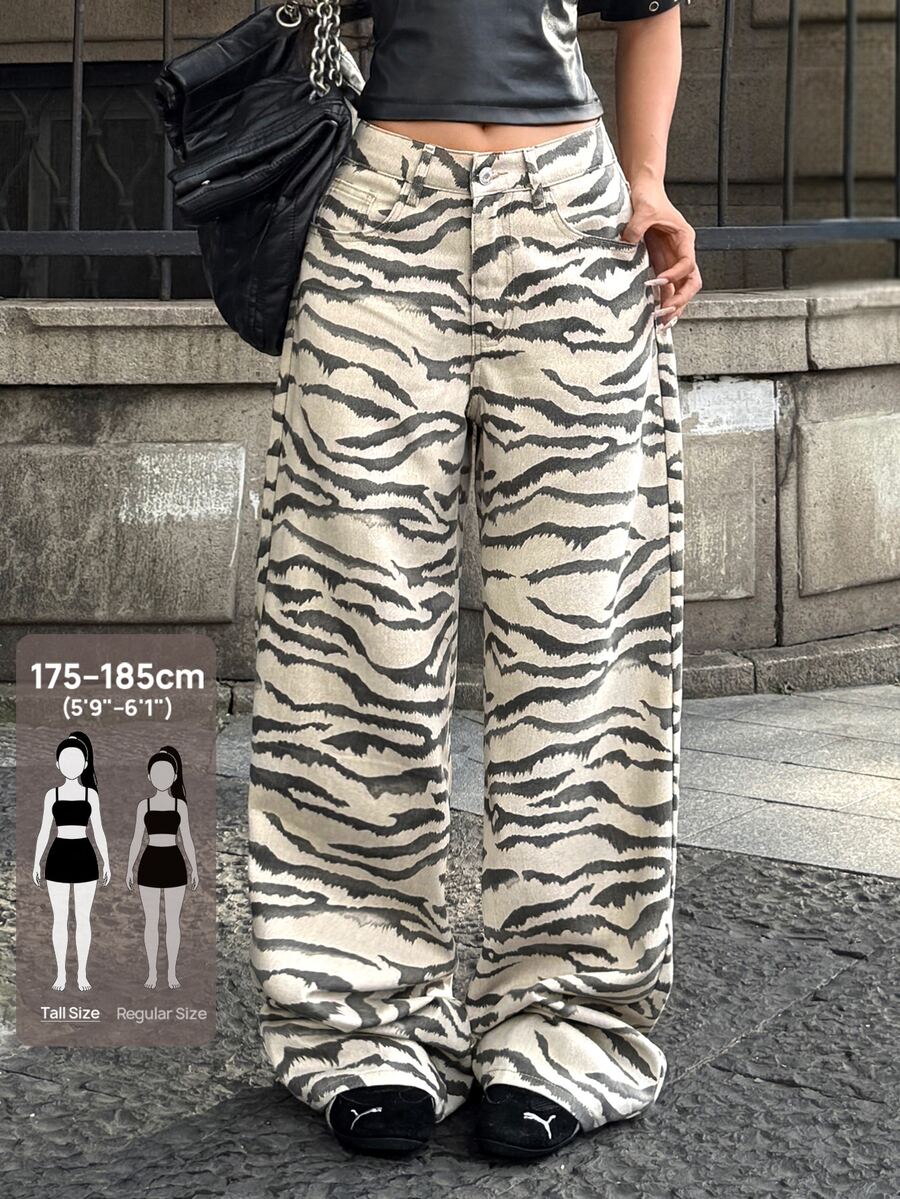 SHEIN Tall 高個女款時尚斑馬紋水洗牛仔褲,適合外出、夜晚聚會、休閒街頭風,米白色夏季穿搭 - 彩色 - 查看 1