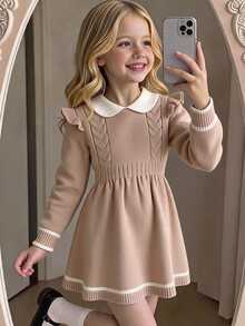 SHEIN Young Girl Young Girl Casual Simple Comfortable Peter Pan Collar Contrast Color Patchwork Sweater Dress, Suitable For Autumn/Winter, School And Other Occasions, Preppy Style, Holiday - Khaki - View 1