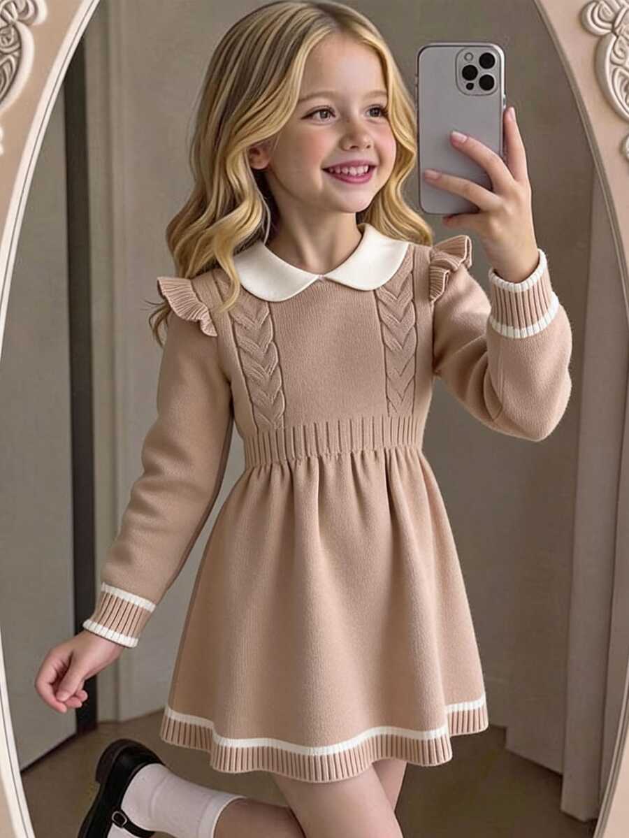 SHEIN Young Girl Young Girl Casual Simple Comfortable Peter Pan Collar Contrast Color Patchwork Sweater Dress, Suitable For Autumn/Winter, School And Other Occasions, Preppy Style, Holiday - Khaki - View 1