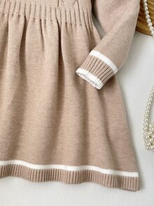 SHEIN Young Girl Young Girl Casual Simple Comfortable Peter Pan Collar Contrast Color Patchwork Sweater Dress, Suitable For Autumn/Winter, School And Other Occasions, Preppy Style, Holiday - Khaki - View 4