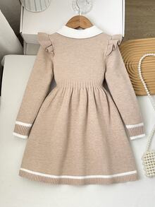 SHEIN Young Girl Young Girl Casual Simple Comfortable Peter Pan Collar Contrast Color Patchwork Sweater Dress, Suitable For Autumn/Winter, School And Other Occasions, Preppy Style, Holiday - Khaki - View 2