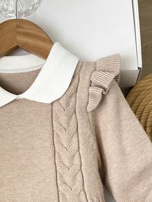 SHEIN Young Girl Young Girl Casual Simple Comfortable Peter Pan Collar Contrast Color Patchwork Sweater Dress, Suitable For Autumn/Winter, School And Other Occasions, Preppy Style, Holiday - Khaki - View 3