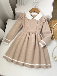 SHEIN Young Girl Young Girl Casual Simple Comfortable Peter Pan Collar Contrast Color Patchwork Sweater Dress, Suitable For Autumn/Winter, School And Other Occasions, Preppy Style, Holiday - Khaki - View 5