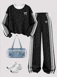 Girls Big Tween Girl Leopard Print Bow Sweatshirt & Wide Leg Pants 2 Pieces Set, Sweet & Cool Style Striped Sleeve Outfit - Multicolor - View 2