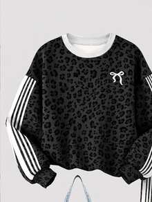 Girls Big Tween Girl Leopard Print Bow Sweatshirt & Wide Leg Pants 2 Pieces Set, Sweet & Cool Style Striped Sleeve Outfit - Multicolor - View 5