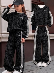Girls Big Tween Girl Leopard Print Bow Sweatshirt & Wide Leg Pants 2 Pieces Set, Sweet & Cool Style Striped Sleeve Outfit - Multicolor - View 1