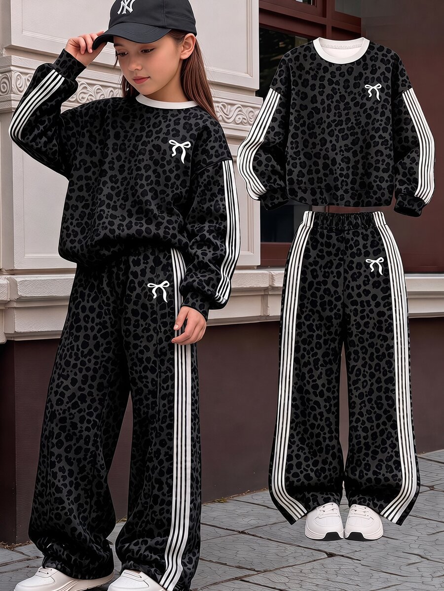 Girls Big Tween Girl Leopard Print Bow Sweatshirt & Wide Leg Pants 2 Pieces Set, Sweet & Cool Style Striped Sleeve Outfit - Multicolor - View 1