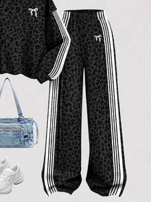 Girls Big Tween Girl Leopard Print Bow Sweatshirt & Wide Leg Pants 2 Pieces Set, Sweet & Cool Style Striped Sleeve Outfit - Multicolor - View 4
