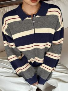 Dazy Plus Colorblock Patchwork Loose Casual Polo Collar Long Sleeve Autumn/Winter Versatile Pullover Sweater - Grey - View 6