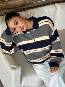 Dazy Plus Colorblock Patchwork Loose Casual Polo Collar Long Sleeve Autumn/Winter Versatile Pullover Sweater - Grey - View 2