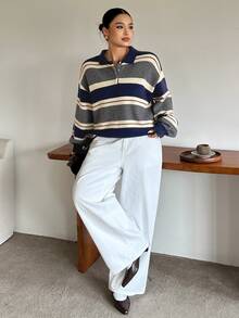 Dazy Plus Colorblock Patchwork Loose Casual Polo Collar Long Sleeve Autumn/Winter Versatile Pullover Sweater - Grey - View 4