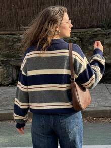 Dazy Plus Colorblock Patchwork Loose Casual Polo Collar Long Sleeve Autumn/Winter Versatile Pullover Sweater - Grey - View 13
