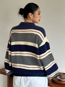 Dazy Plus Colorblock Patchwork Loose Casual Polo Collar Long Sleeve Autumn/Winter Versatile Pullover Sweater - Grey - View 8