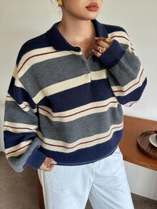 Dazy Plus Colorblock Patchwork Loose Casual Polo Collar Long Sleeve Autumn/Winter Versatile Pullover Sweater - Grey - View 3