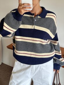 Dazy Plus Colorblock Patchwork Loose Casual Polo Collar Long Sleeve Autumn/Winter Versatile Pullover Sweater - Grey - View 7