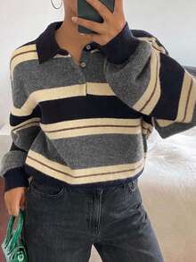Dazy Plus Colorblock Patchwork Loose Casual Polo Collar Long Sleeve Autumn/Winter Versatile Pullover Sweater - Grey - View 9