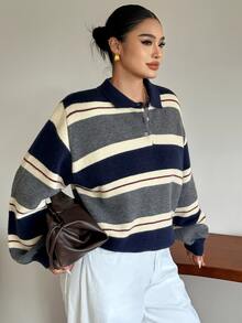Dazy Plus Colorblock Patchwork Loose Casual Polo Collar Long Sleeve Autumn/Winter Versatile Pullover Sweater - Grey - View 5