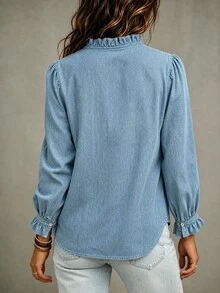 SHEIN Half Button Frill Mock Neck Flounce Sleeve Blouse - Blue - View 2