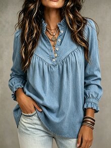 SHEIN Half Button Frill Mock Neck Flounce Sleeve Blouse - Blue - View 6