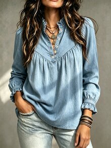 SHEIN Half Button Frill Mock Neck Flounce Sleeve Blouse - Blue - View 3