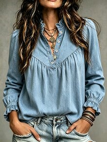 SHEIN Half Button Frill Mock Neck Flounce Sleeve Blouse - Blue - View 1
