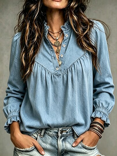 SHEIN Half Button Frill Mock Neck Flounce Sleeve Blouse