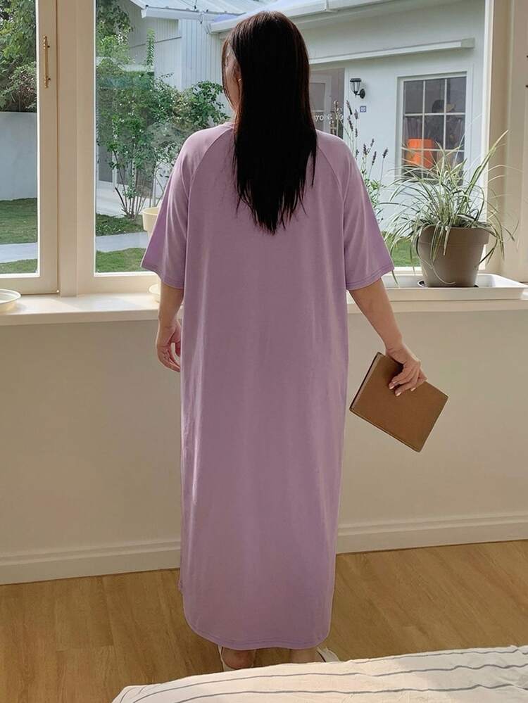 Dazy Plus Plus Size Cartoon Pattern Loose Long T-Shirt Style Nightgown, Suitable For All Seasons Pajamas - Purple - View 2