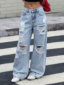 SHEIN 千禧年少女浅色水洗低腰破洞宽松阔腿牛仔裤，2000年代复古牛仔裤，夏季波西米亚风海滩音乐会锐舞节，少女夏季可爱短裤，夏季波西米亚风假期，春季，女孩海滩装，度假休闲装，情人节，复古/海滩/海洋/优雅毕业季，休闲装，夏季假期 - 淺色水洗藍 - 查看 2