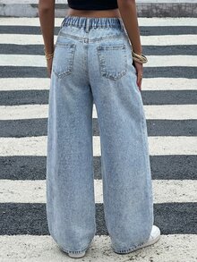 SHEIN 千禧年少女浅色水洗低腰破洞宽松阔腿牛仔裤，2000年代复古牛仔裤，夏季波西米亚风海滩音乐会锐舞节，少女夏季可爱短裤，夏季波西米亚风假期，春季，女孩海滩装，度假休闲装，情人节，复古/海滩/海洋/优雅毕业季，休闲装，夏季假期 - 淺色水洗藍 - 查看 4