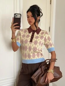 Siren Gaze Women's New Autumn/Winter Dusty Pink Diamond Check Polo Collar Knit Top Brunch School Preppy Dark Academia Casual - Yellow - View 8
