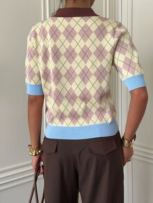 Siren Gaze Women's New Autumn/Winter Dusty Pink Diamond Check Polo Collar Knit Top Brunch School Preppy Dark Academia Casual - Yellow - View 2